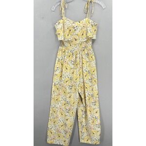 Intermix Jumpsuit Petite XS Yellow Floral Silk Tie Shoulder Smocked Ruffles
